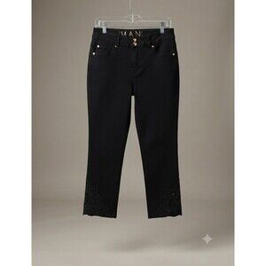 black IMAN Global Chic cropped denim pants featuring gold-